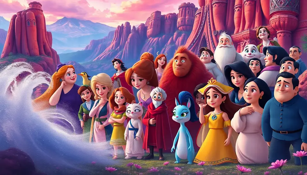 Iconic animated movie characters in a colorful, detailed landscape.
