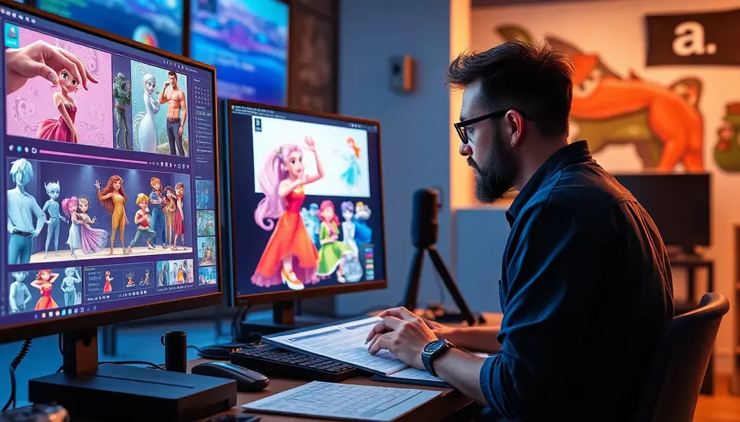 An artist bringing animated characters to life on a digital screen.