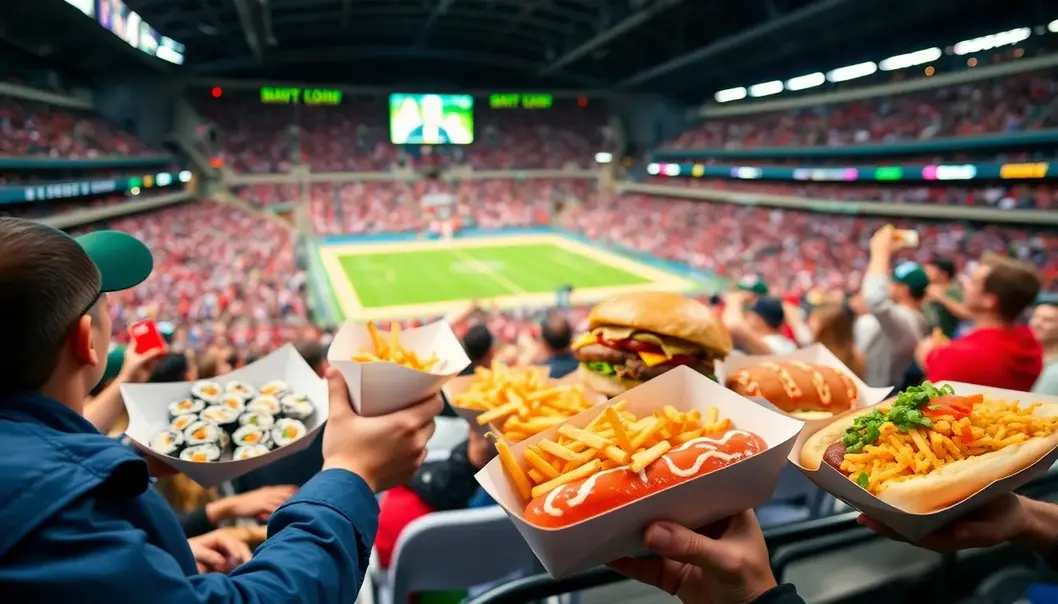 Fans enjoy a mix of traditional and modern snacks at a bustling stadium.