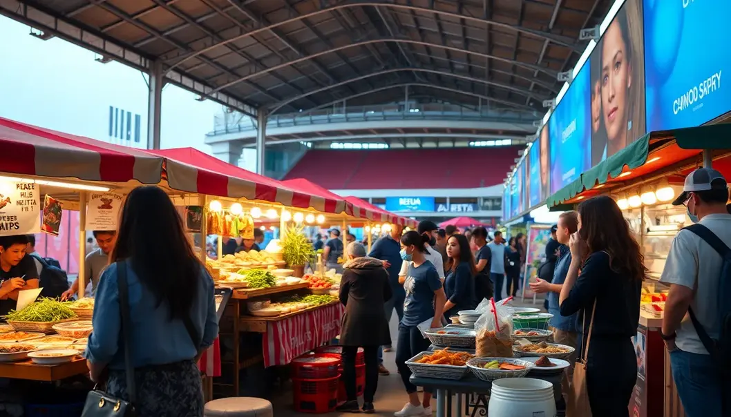 Fans enjoy a mix of traditional and modern snacks at a bustling stadium.