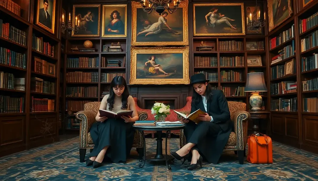 Lap of luxury library with refined decor, where two students immerse themselves in learning surrounded by opulence.