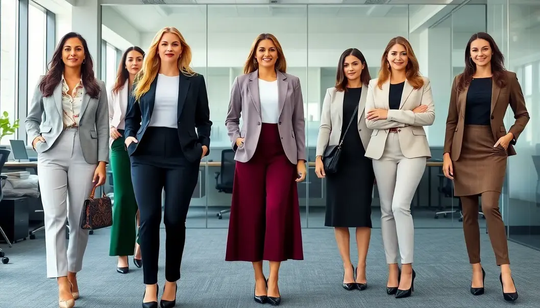Various women in professional office attire demonstrating diverse fashion styles.