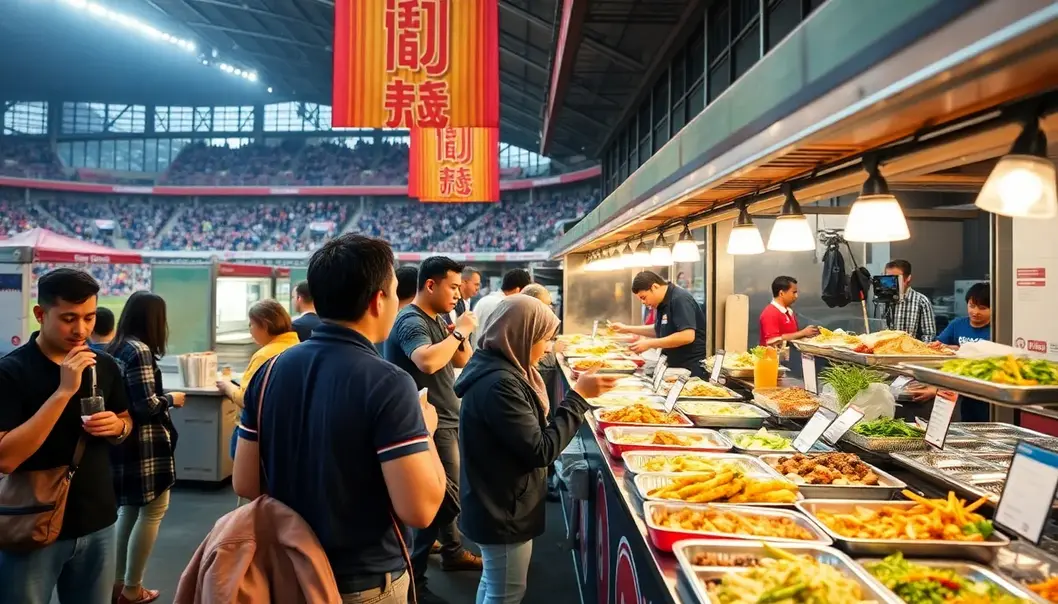 Sports venue with food stalls offering a blend of traditional and global dishes.